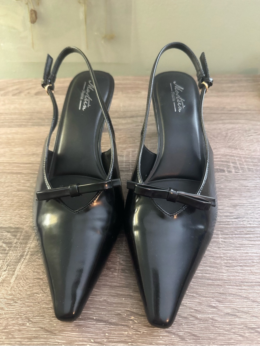 Adrienne Vittadini Black Kitten Heel Patent Slingback Mules with Bow Accent